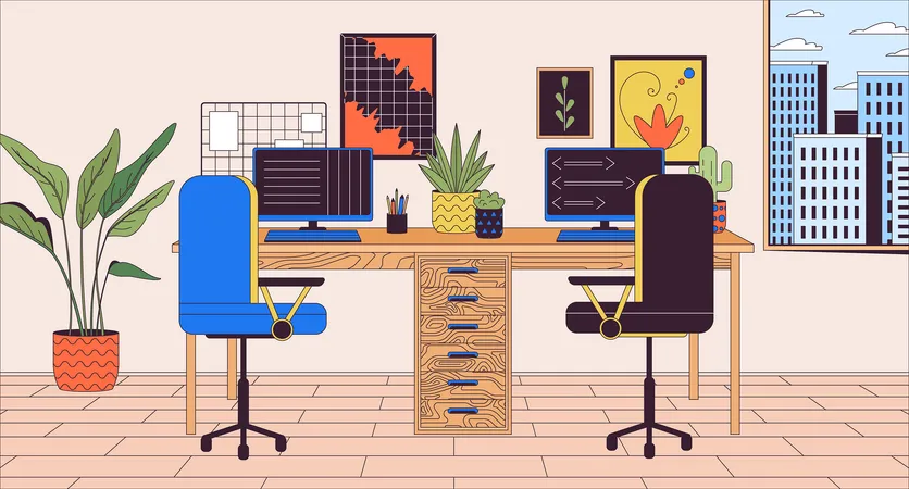 Double Desk At Home Office Cartoon Flat Illustration Workplace For Two Computer Users 2 D Line Interior Colorful Background Well Equipped Freelancer Workspace Scene Vector Storytelling Image Illustration