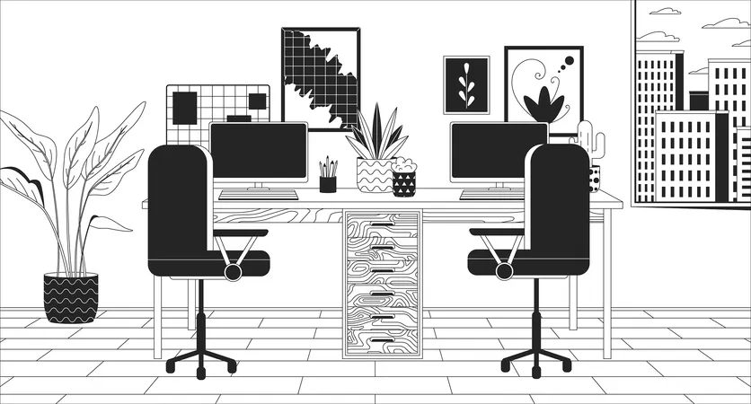 Double Desk At Home Office Black And White Line Illustration Workplace For Two Computer Users 2 D Interior Monochrome Background Well Equipped Freelancer Workspace Outline Scene Vector Image Illustration