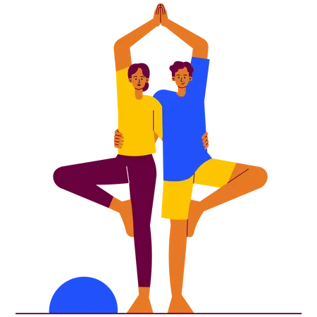 Double tree pose yoga couple  Illustration