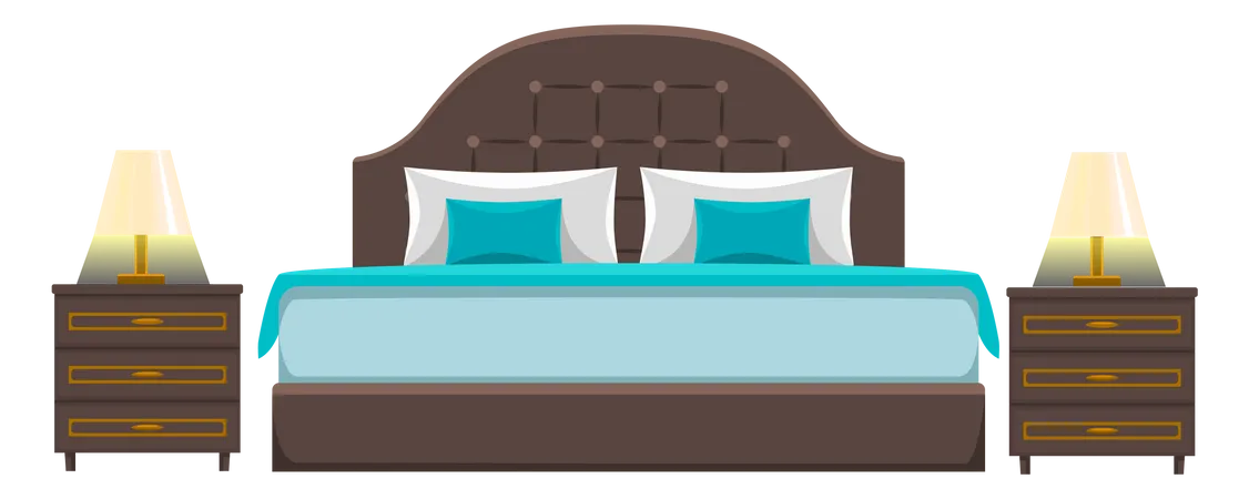 Double wooden bed with pillows and blanket Illustration