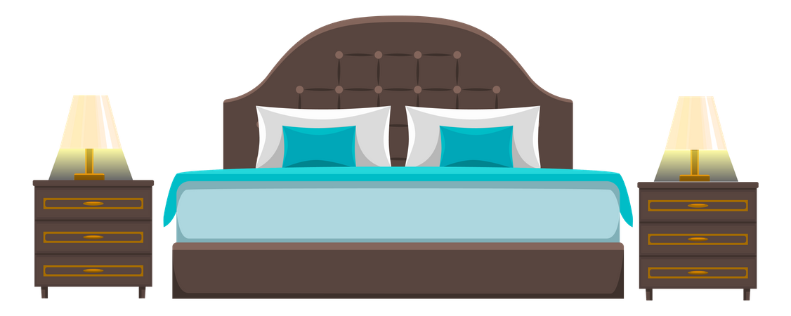 Double wooden bed with pillows and blanket  Illustration