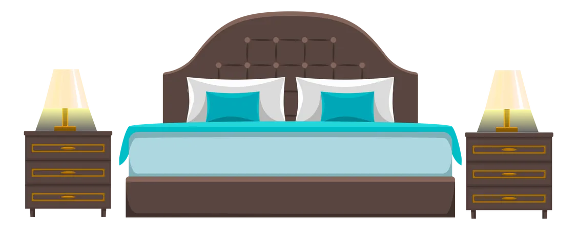 Double wooden bed with pillows and blanket  Illustration