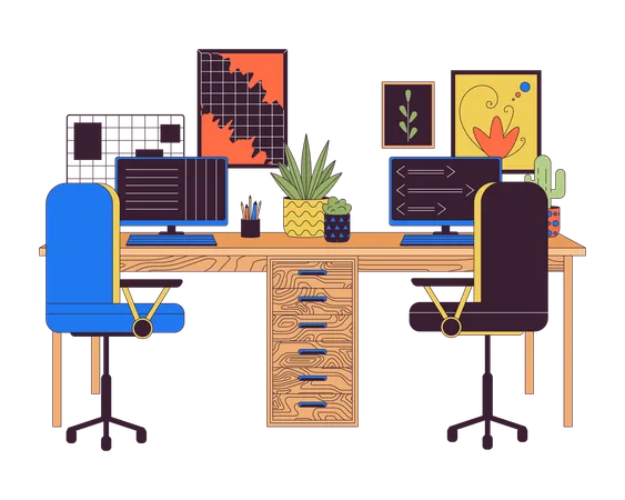 Double Workplace With Computers 2 D Linear Cartoon Objects Comfortable Office Furniture Isolated Line Vector Elements White Background Workspace Arrangement Color Flat Spot Illustration Illustration