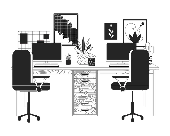 Double Workplace With Computers 2 D Linear Cartoon Objects Comfortable Office Furniture In House Isolated Vector Outline Items Workspace Arrangement Monochromatic Flat Spot Illustration Illustration