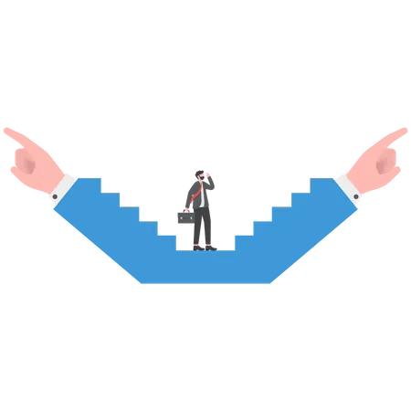Doubtful businessman choosing choice and pointing his finger to left and right direction  Illustration
