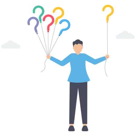 Doubtful businessman holding question marks balloon look for solutions  Illustration