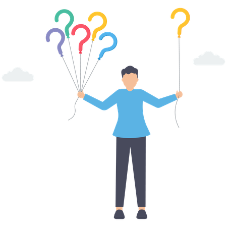 Doubtful businessman holding question marks balloon look for solutions  Illustration