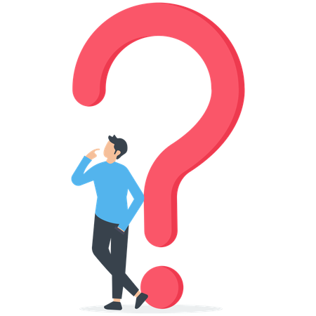 Doubtful businessman thinking about answer with big question mark  Illustration