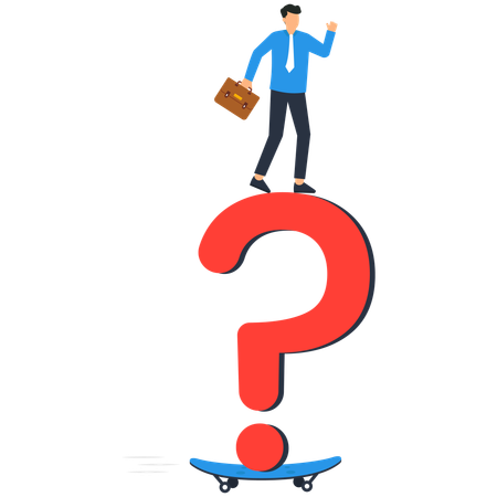 Doubtful businessman thinking about answer with big question mark  Illustration