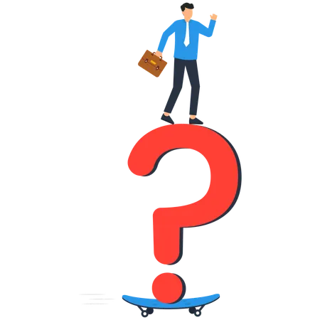 Doubtful businessman thinking about answer with big question mark  Illustration