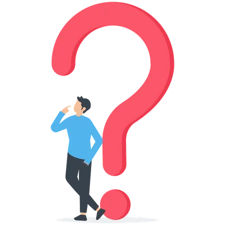 Doubtful businessman thinking about answer with big question mark  Illustration