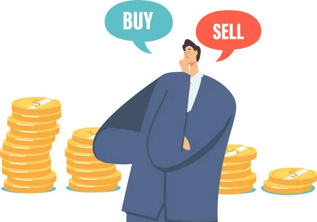 Doubtful Businessman Thinking Buy or Sell during Crisis  Illustration
