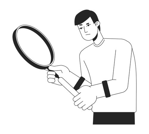 Doubtful caucasian young man holding loupe  Illustration