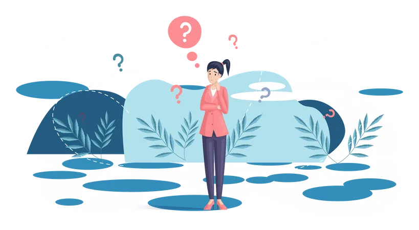 Young Pensive Woman Making Decision Looking At Question Mark Worried Girl Thinking About Problem Doing Difficult Choice Deep In Thought Making Confusion Puzzled Girl Think About Solution To Matter Illustration