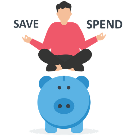 Doubtful man sitting on piggy bank balancing save or spend choice  Illustration