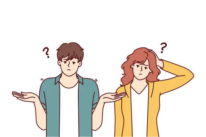 Doubting man and woman shrug hands and touch heads because of absence of solution to problem  Illustration