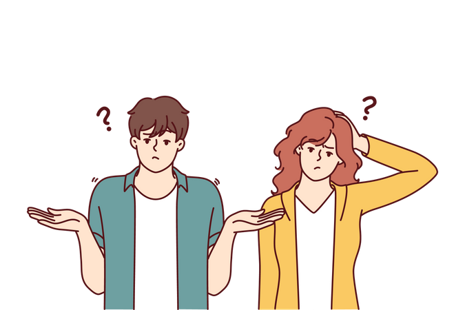 Doubting man and woman shrug hands and touch heads because of absence of solution to problem  Illustration