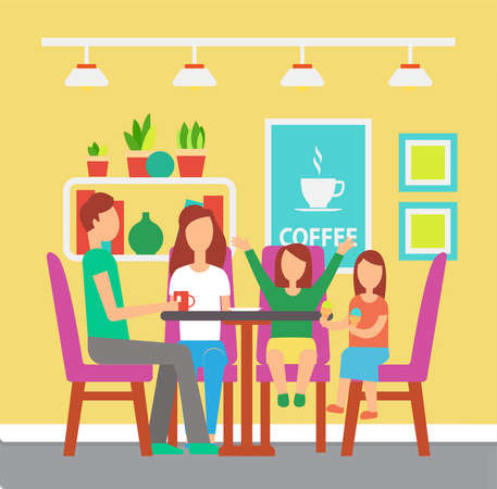 Douce famille assise au café  Illustration