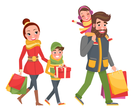 Douce famille faisant du shopping à Noël  Illustration