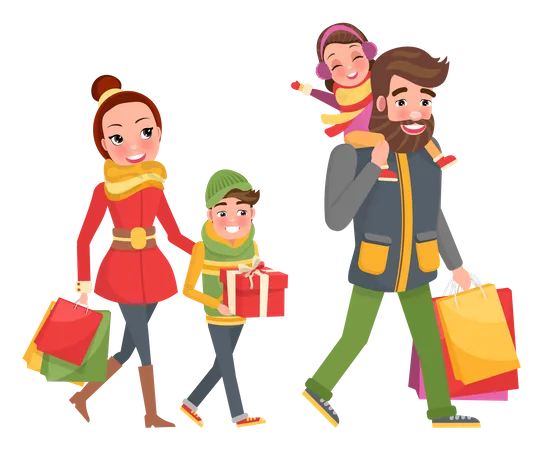 Douce famille faisant du shopping à Noël  Illustration