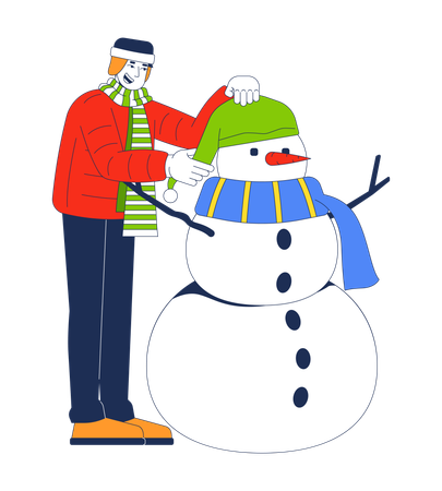 Homme portant une doudoune d'hiver et mettant un chapeau sur un bonhomme de neige  Illustration