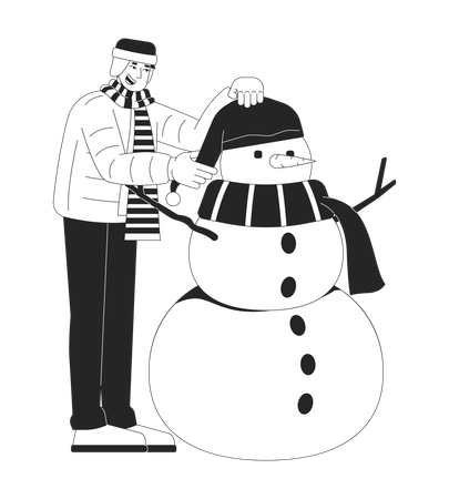 Homme portant une doudoune d'hiver et mettant un chapeau sur un bonhomme de neige  Illustration