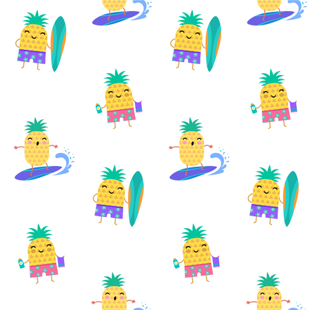 Modèle sans couture d'été doux - personnages d'ananas mignons surfant  Illustration