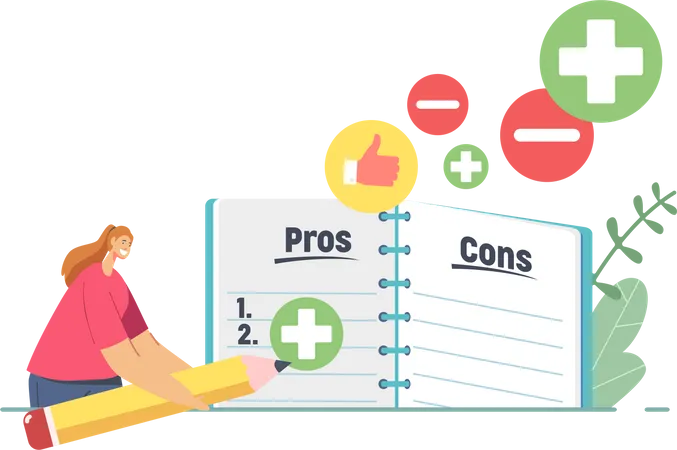 Down Make Decision at Notebook with Pros or Cons List Illustration