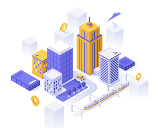 Downtown buildings and streets, map pins and place for text Illustration