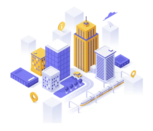 Downtown buildings and streets, map pins and place for text  Illustration