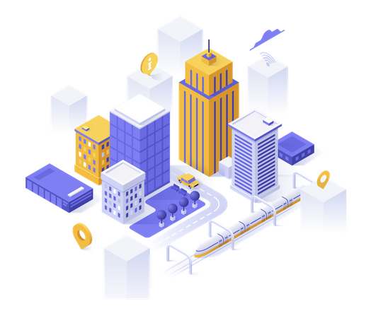 Downtown buildings and streets, map pins and place for text  Illustration