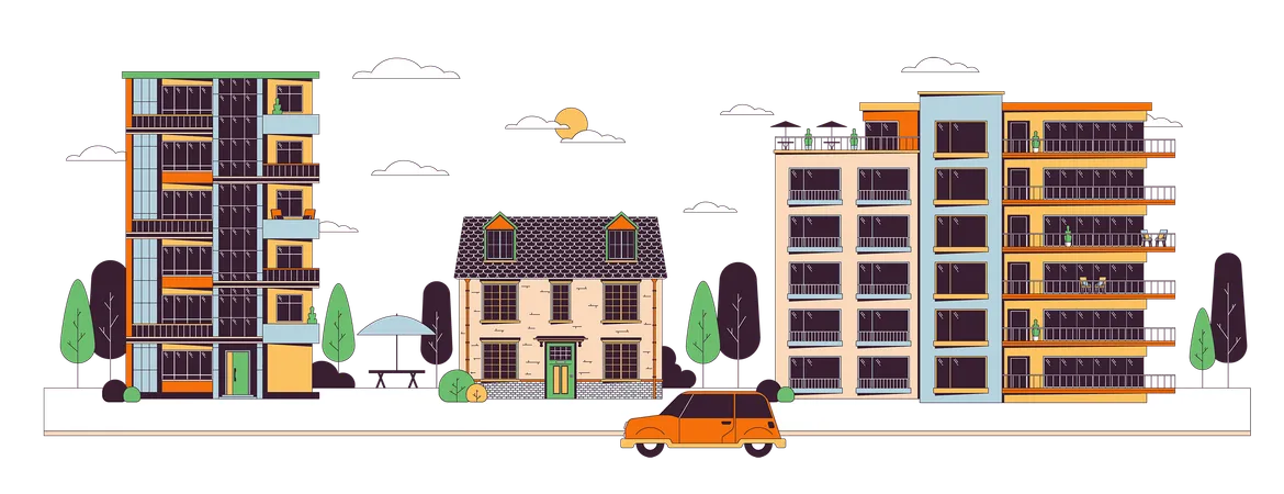 Downtown Condominiums Line Cartoon Flat Illustration Condos House Car Riding Street Front View Building Exterior 2 D Lineart Object Isolated On White Background Real Estate Scene Vector Color Image Illustration