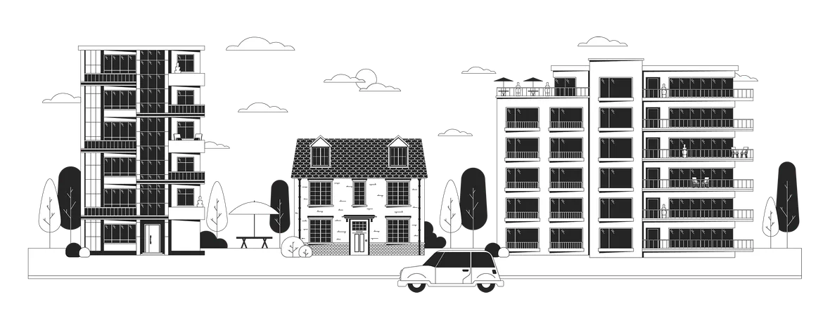 Downtown Condominiums Black And White Cartoon Flat Illustration Condos House Car Riding Street Front Building Exterior 2 D Lineart Object Isolated Real Estate Monochrome Scene Vector Outline Image Illustration