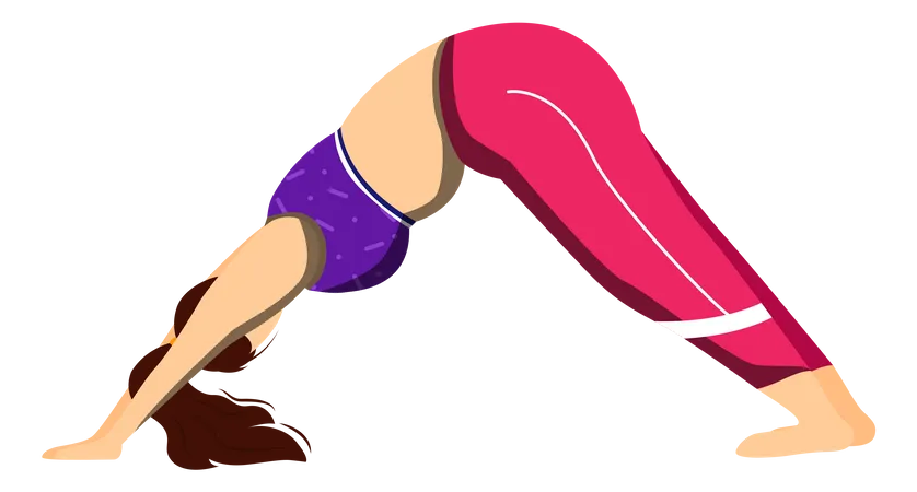 Downward Facing Dog Flat Vector Illustration Adho Mukha Shvanasana Caucausian Woman Performing Yoga Posture In Pink And Purple Sportswear Workout Isolated Cartoon Character On White Background Illustration
