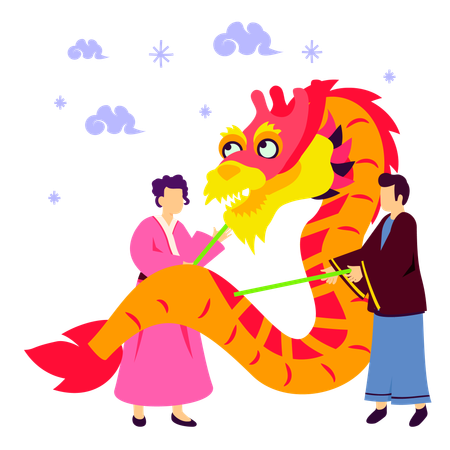 Dragon and lion dance on chinese new year  Illustration