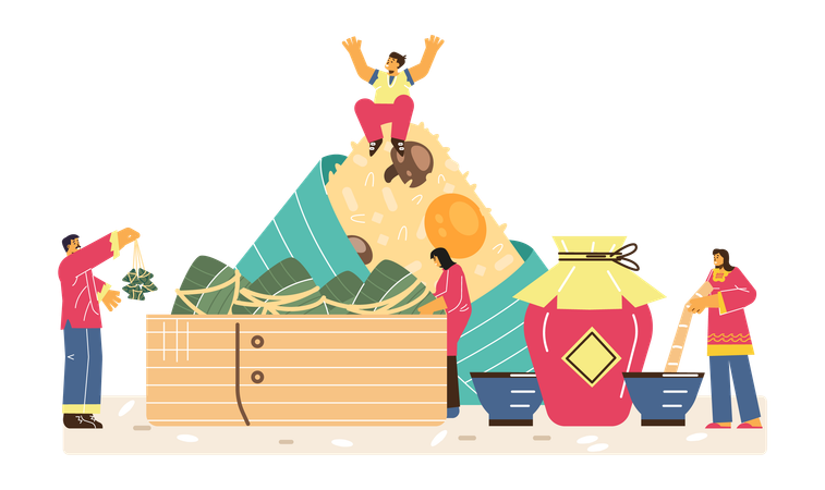 Dragon Boat Chinese Festival Huge Rice Dumpling Sticky Jug With Happy People Illustration