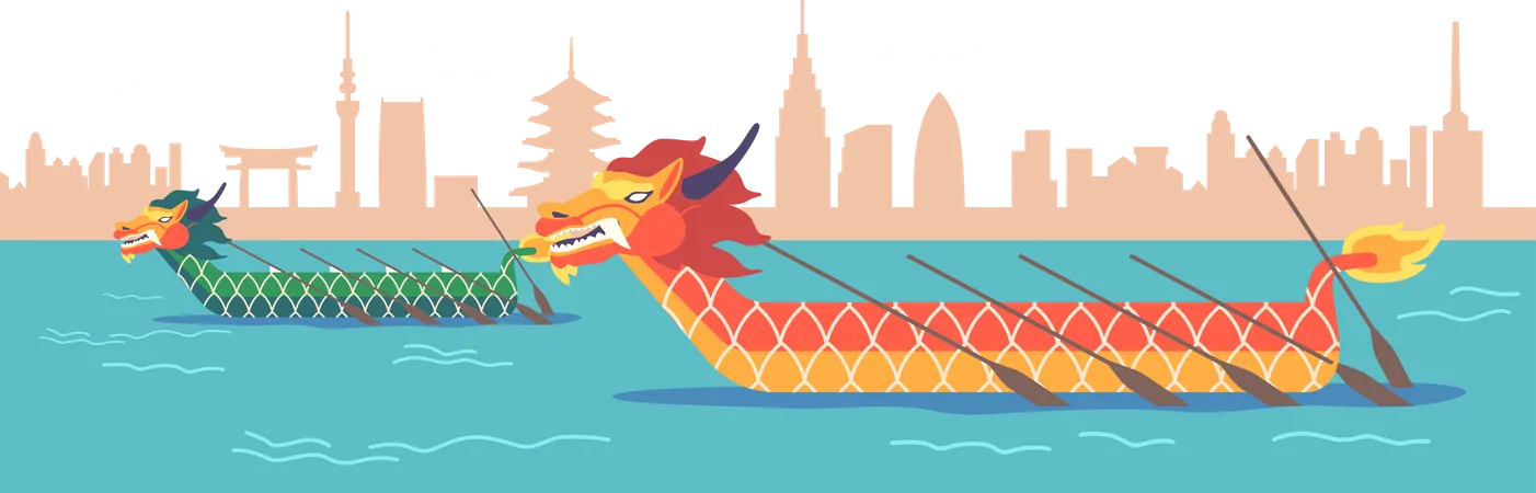 Dragon Boats with Paddles Sian Illustration