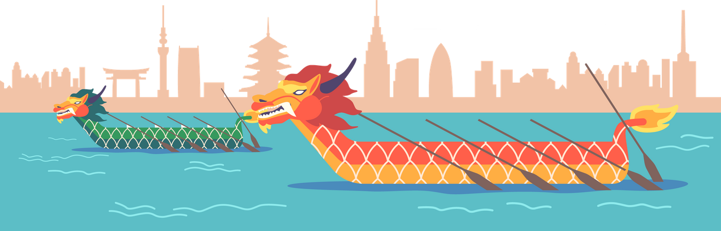 Dragon Boats with Paddles Sian  Illustration