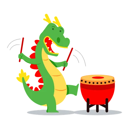 Dragón feliz tocando el tambor  Ilustración