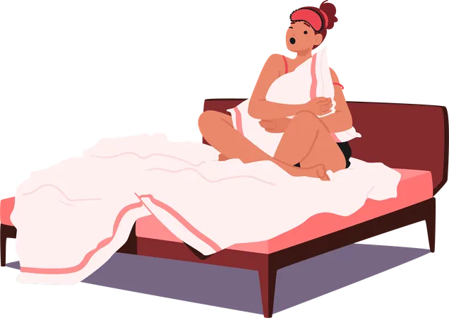 Drained Woman Sitting In Bed  Illustration