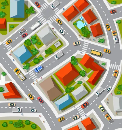 Draufsicht Auf Die Stadtische Kreuzung Mit Autos Und Hausern Illustration