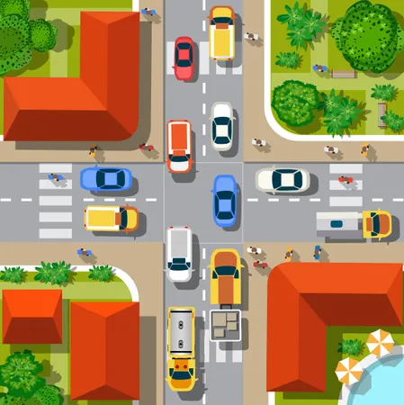 Draufsicht Der Stadt Stadtische Kreuzung Mit Autos Und Hausern Fussgangern Illustration