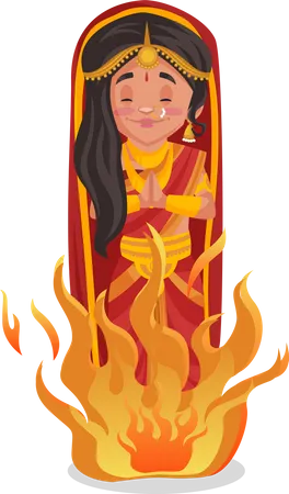 Draupadi de pie en llamas de fuego  Ilustración