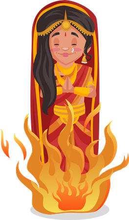 Draupadi standing in fire flames Illustration