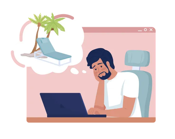 Dreaming About Vacation 2 D Vector Isolated Illustration Frustrated Office Worker Daydreaming Flat Character On Cartoon Background Colorful Editable Scene For Mobile Website Presentation Illustration