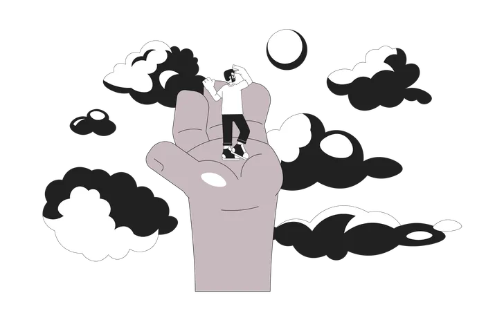 Dreaming High Black And White 2 D Illustration Concept European Man Standing On Outstretched Hand African American Isolated Cartoon Outline Character Overlook Around Metaphor Monochrome Vector Art Illustration