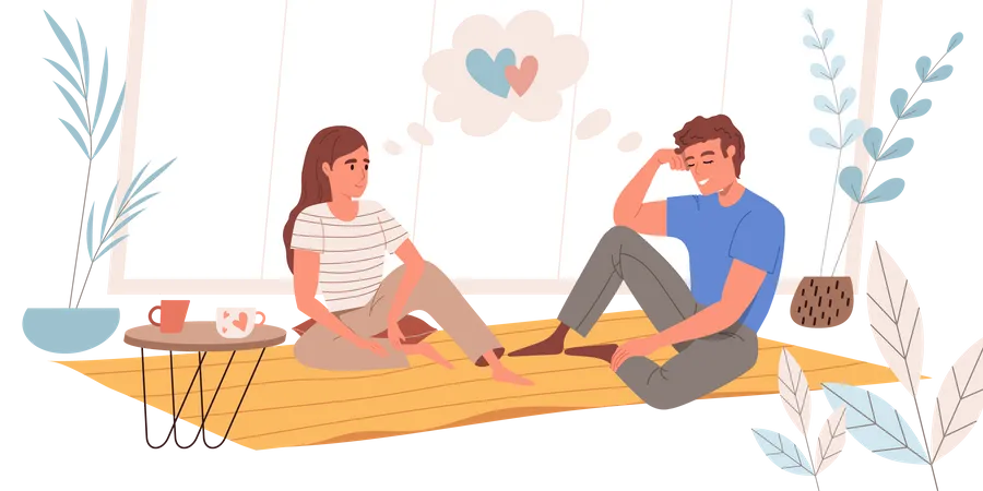 Dreaming People Concept In Flat Design Happy Couple Are Sitting At Carpet Dreaming And Enjoys Resting Drinking Coffee At Cozy Room Imagination And Recreation People Scene Vector Illustration Illustration