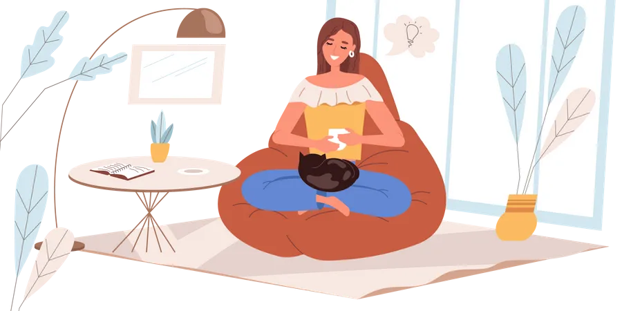 Dreaming People Concept In Flat Design Happy Woman Are Sitting Dreaming Drinking Coffee At Home Young Girl Sits At Cozy Room Imagines And Comes Up With Ideas People Scene Vector Illustration Illustration