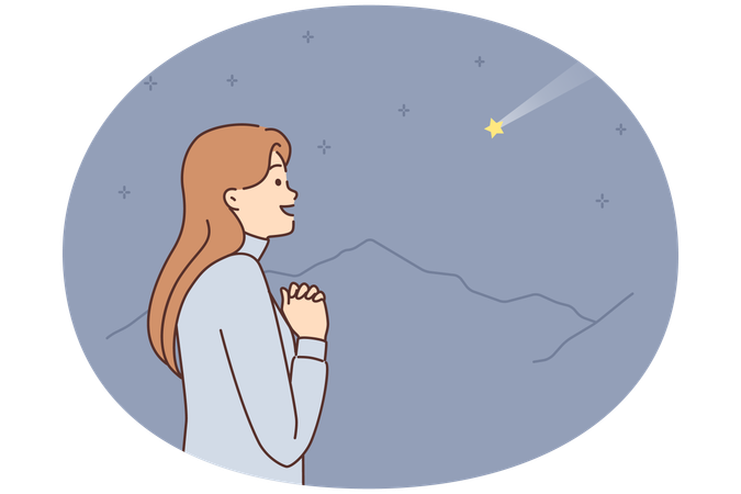 Dreaming woman with palms clasped in front chest looks at shooting star and makes wish  Illustration