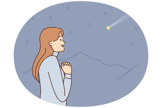 Dreaming woman with palms clasped in front chest looks at shooting star and makes wish  Illustration